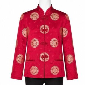 Jenni Max Jacket Women 12‎ Red Silk Blend Mandarin Collar Frog Closure Vintage